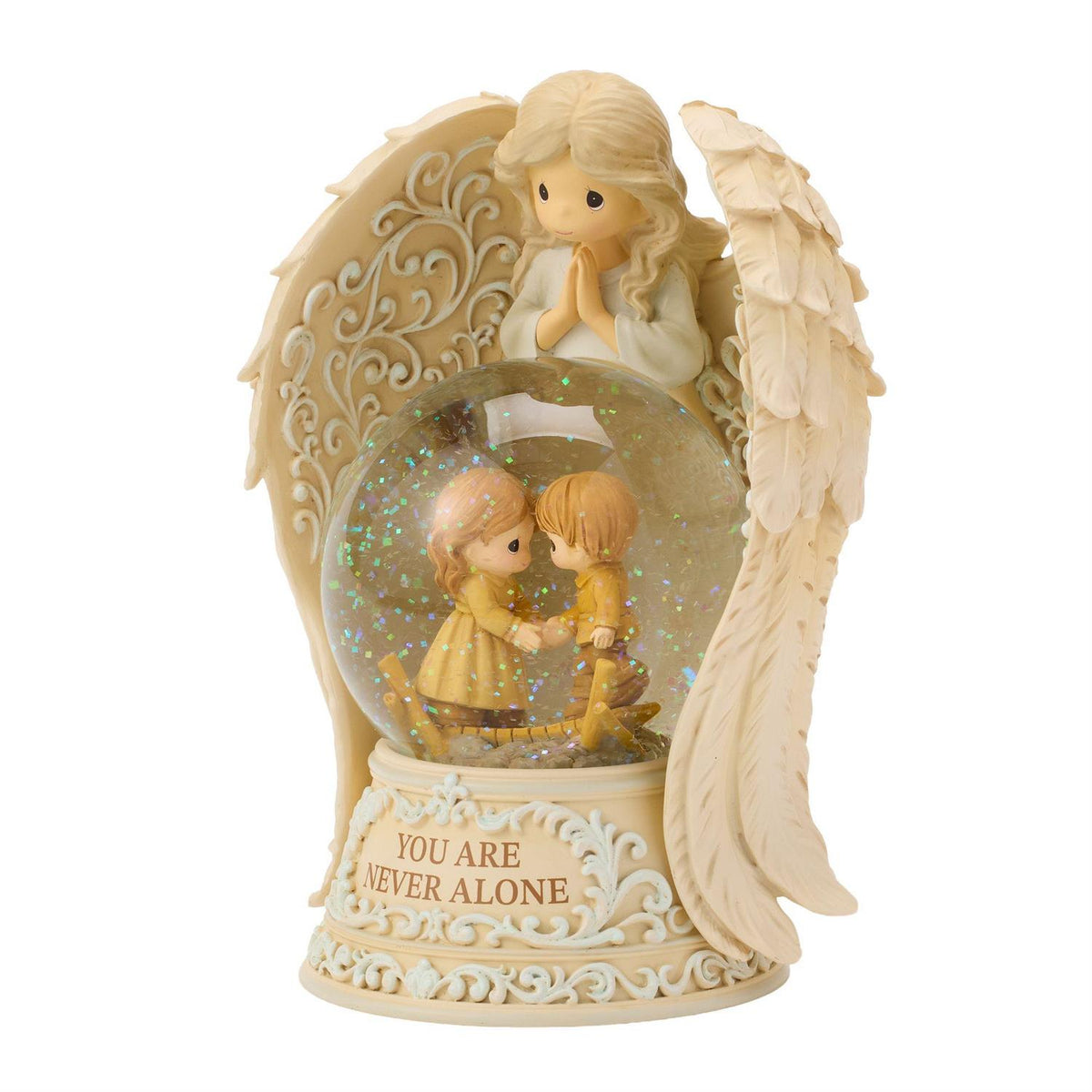 An Angel praying over 2 children in a Snow Globe that says YOU ARE NEVER ALONE