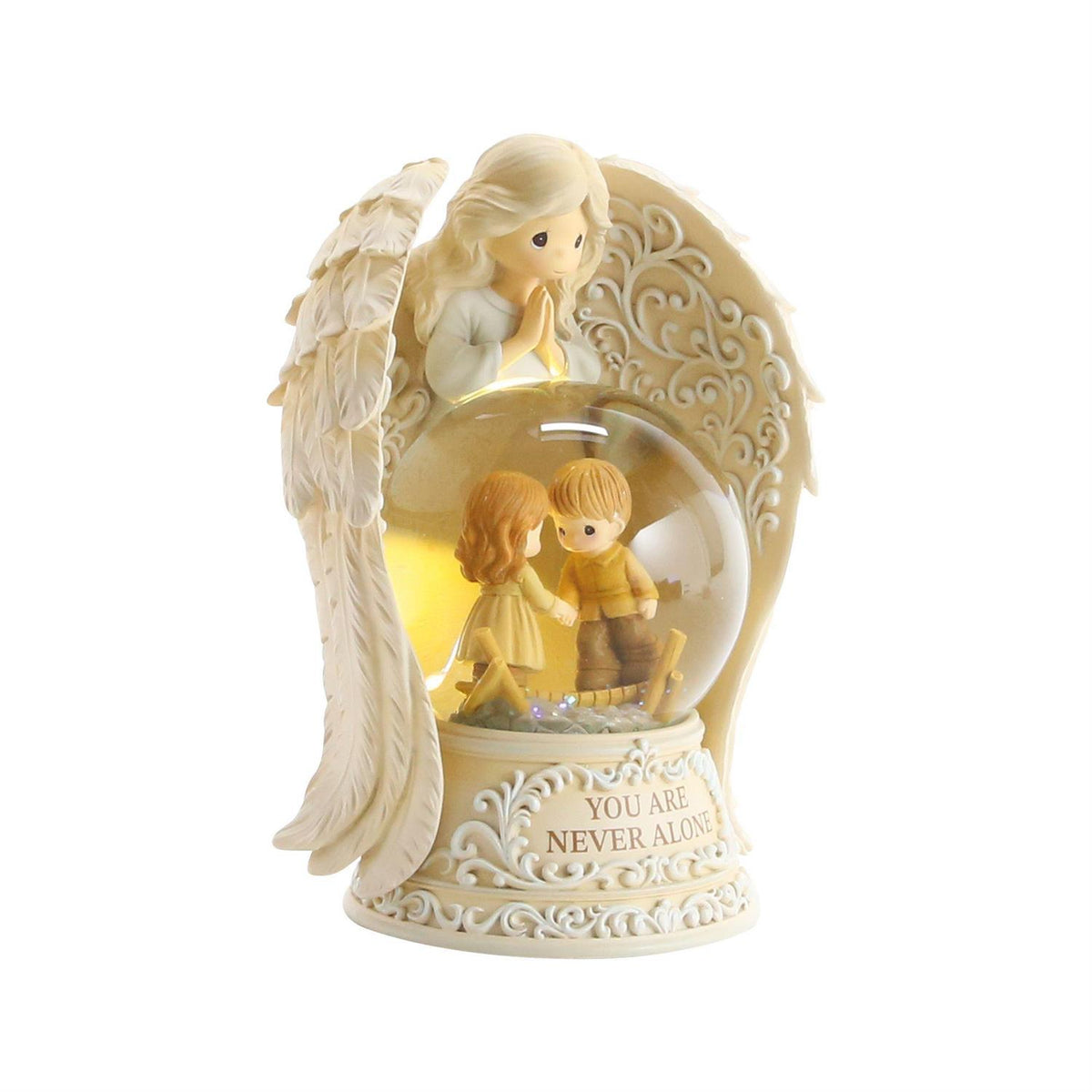 An Angel praying over 2 children in a Snow Globe that says YOU ARE NEVER ALONE