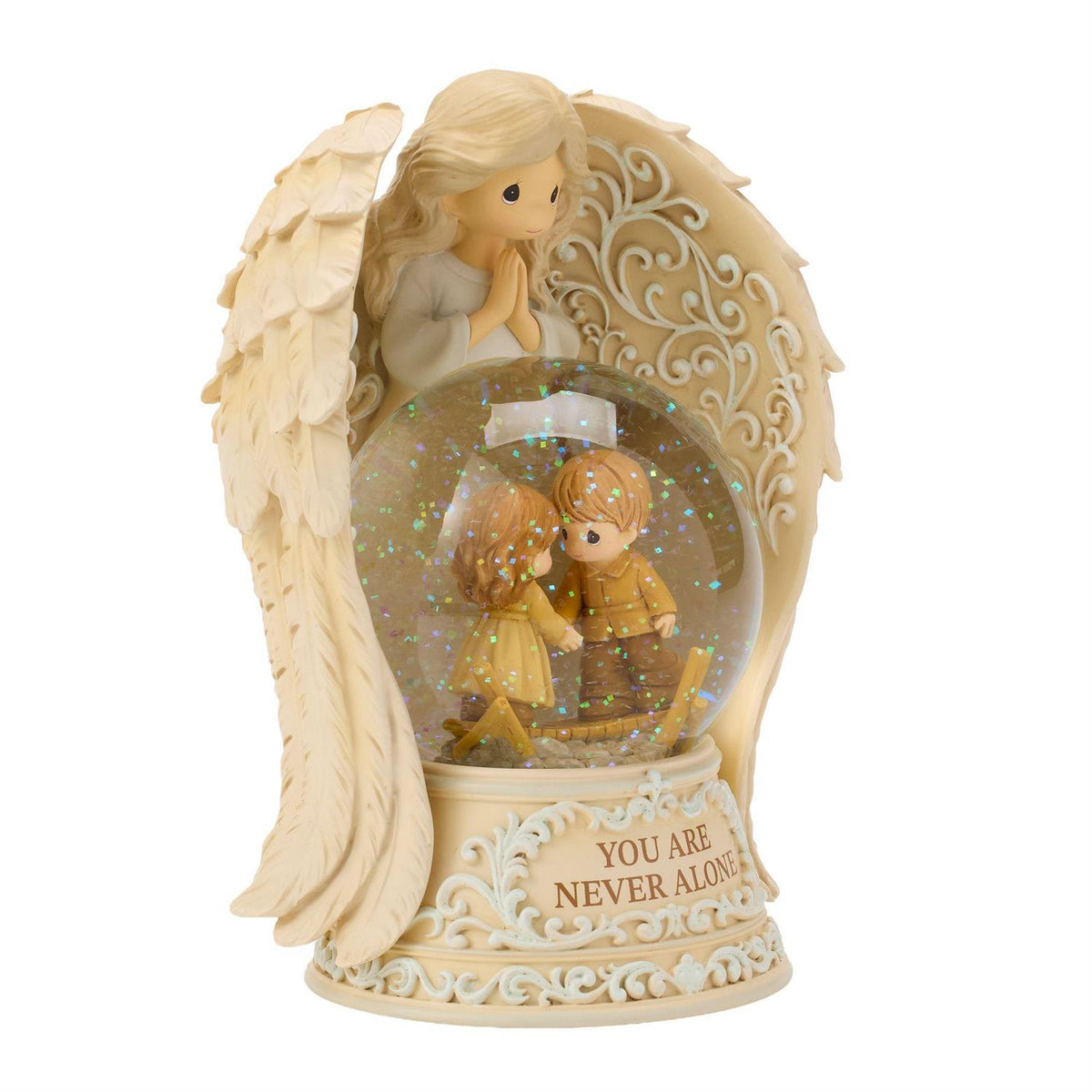 An Angel praying over 2 children in a Snow Globe that says YOU ARE NEVER ALONE