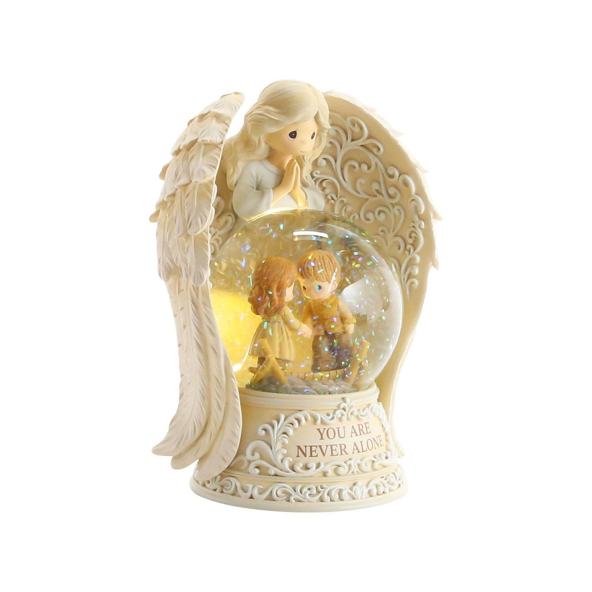 An Angel praying over 2 children in a Snow Globe that says YOU ARE NEVER ALONE
