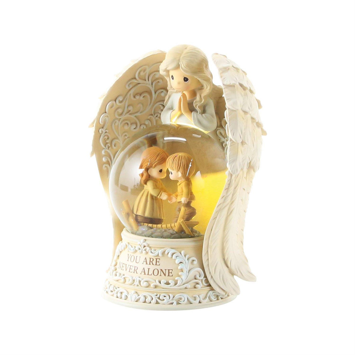 An Angel praying over 2 children in a Snow Globe that says YOU ARE NEVER ALONE