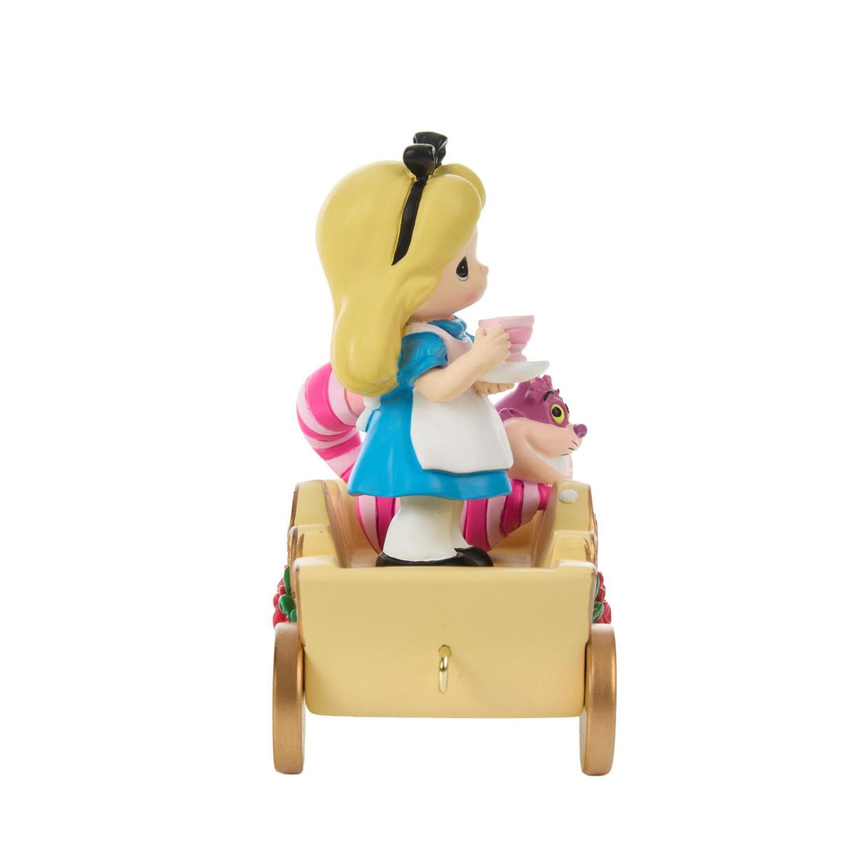 Alice holding a Tea Cup and the Cheshire Cat riding in a Birthday Train Car