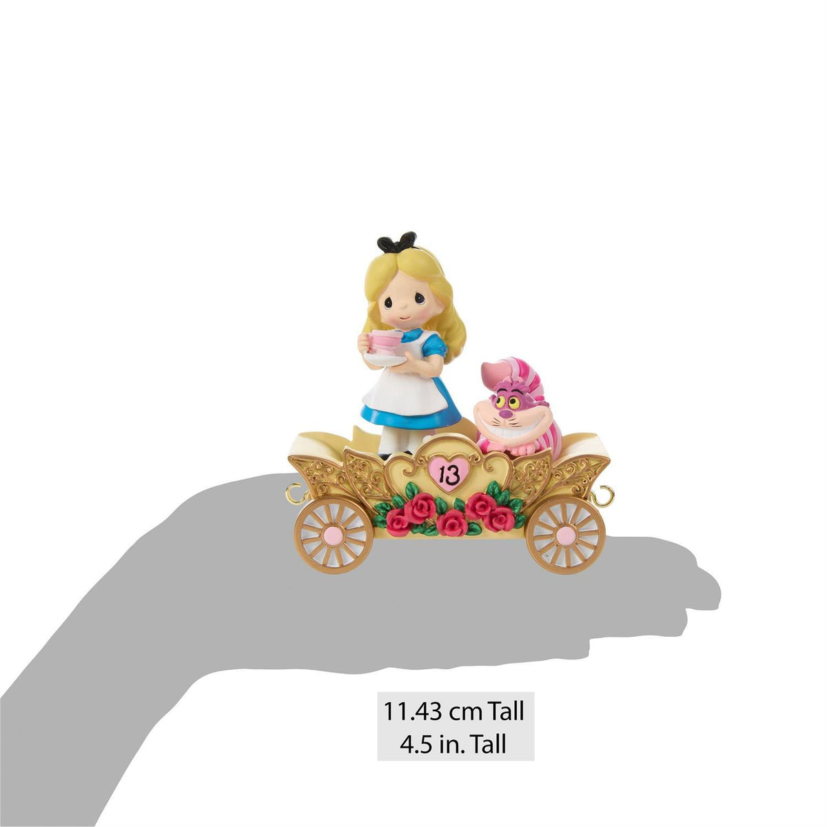 Alice holding a Tea Cup and the Cheshire Cat riding in a Birthday Train Car