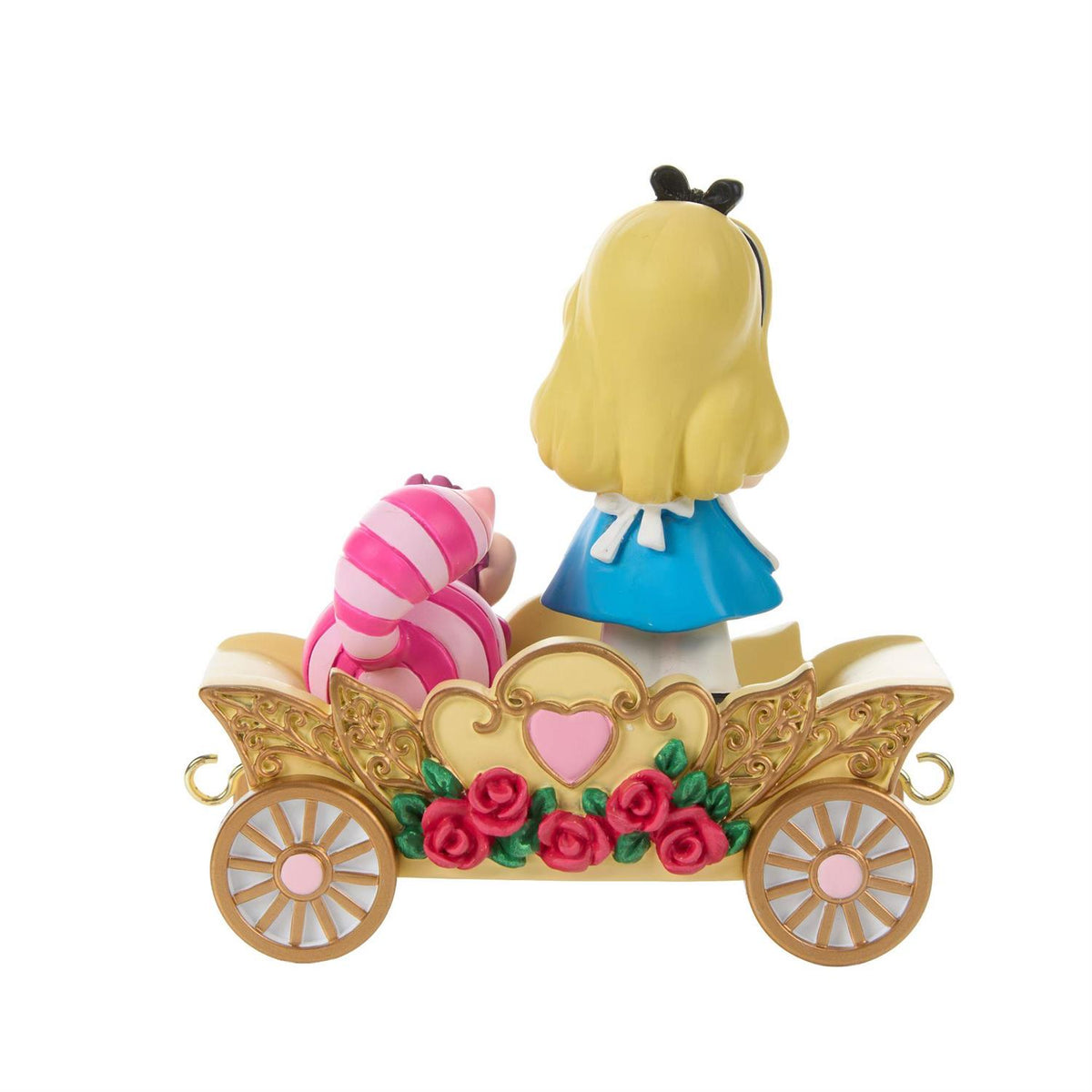 Alice holding a Tea Cup and the Cheshire Cat riding in a Birthday Train Car