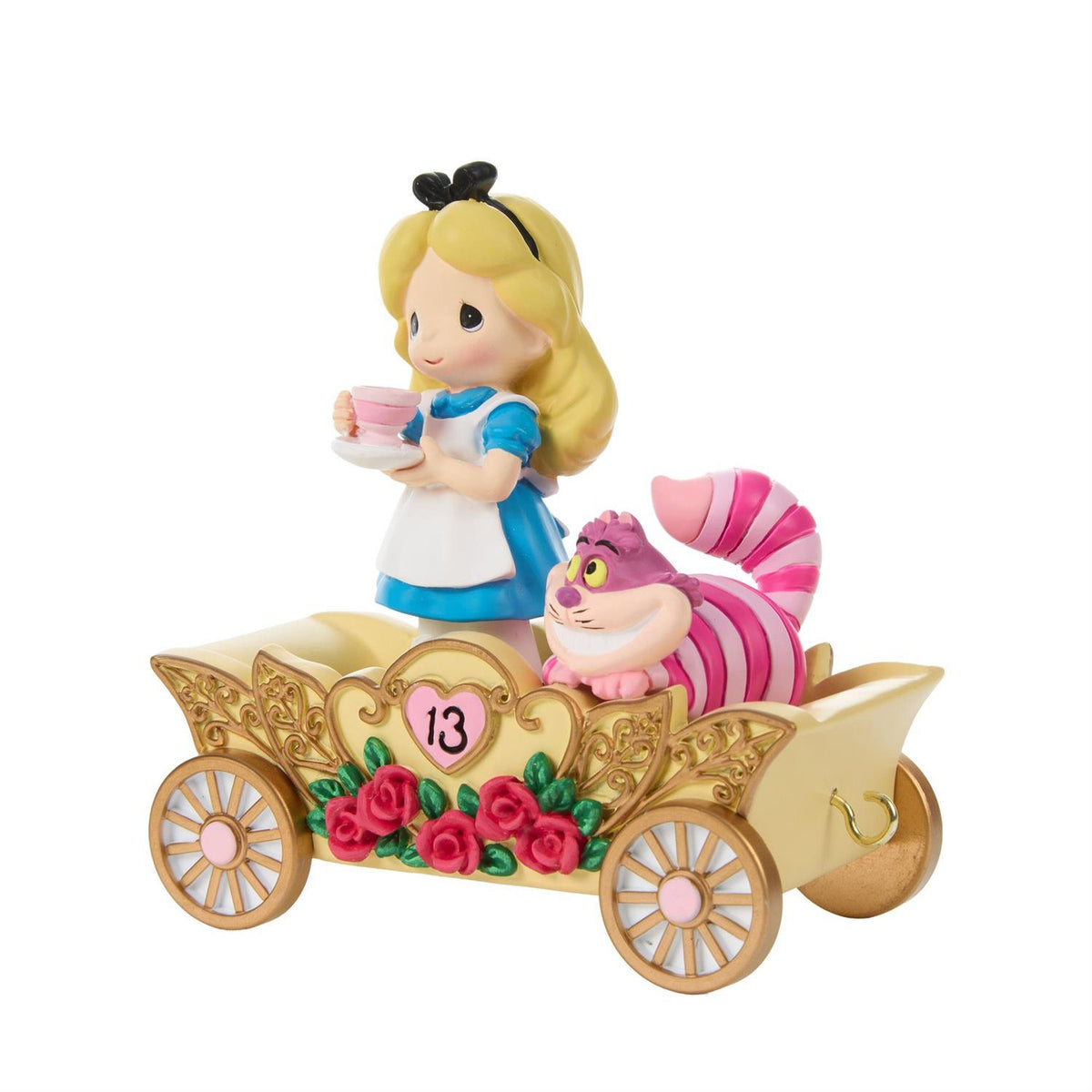 Alice holding a Tea Cup and the Cheshire Cat riding in a Birthday Train Car