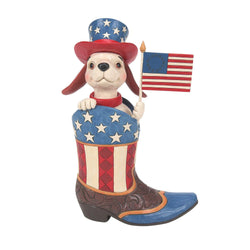 Star Spangled Style - Boot with Dog Holding Flag Fig  - Country N More Gifts