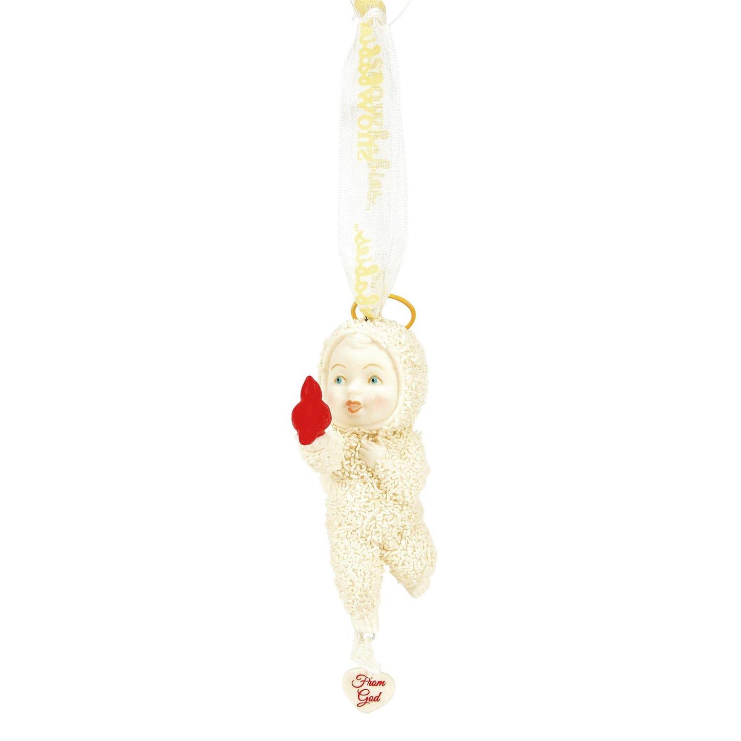 Buy Snowbabies at CountryNMoreGifts.com Snowbaby Ornament holding a Cardinal and wearing a Halo