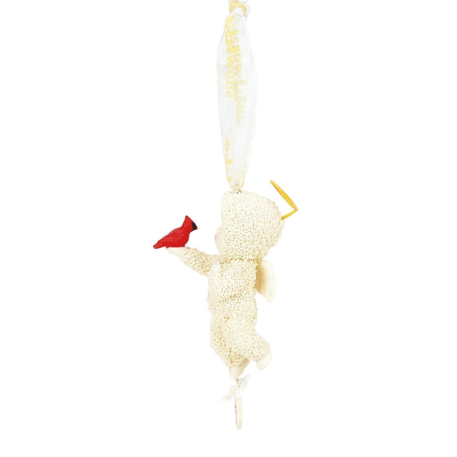 Buy Snowbabies at CountryNMoreGifts.com Snowbaby Ornament holding a Cardinal and wearing a Halo