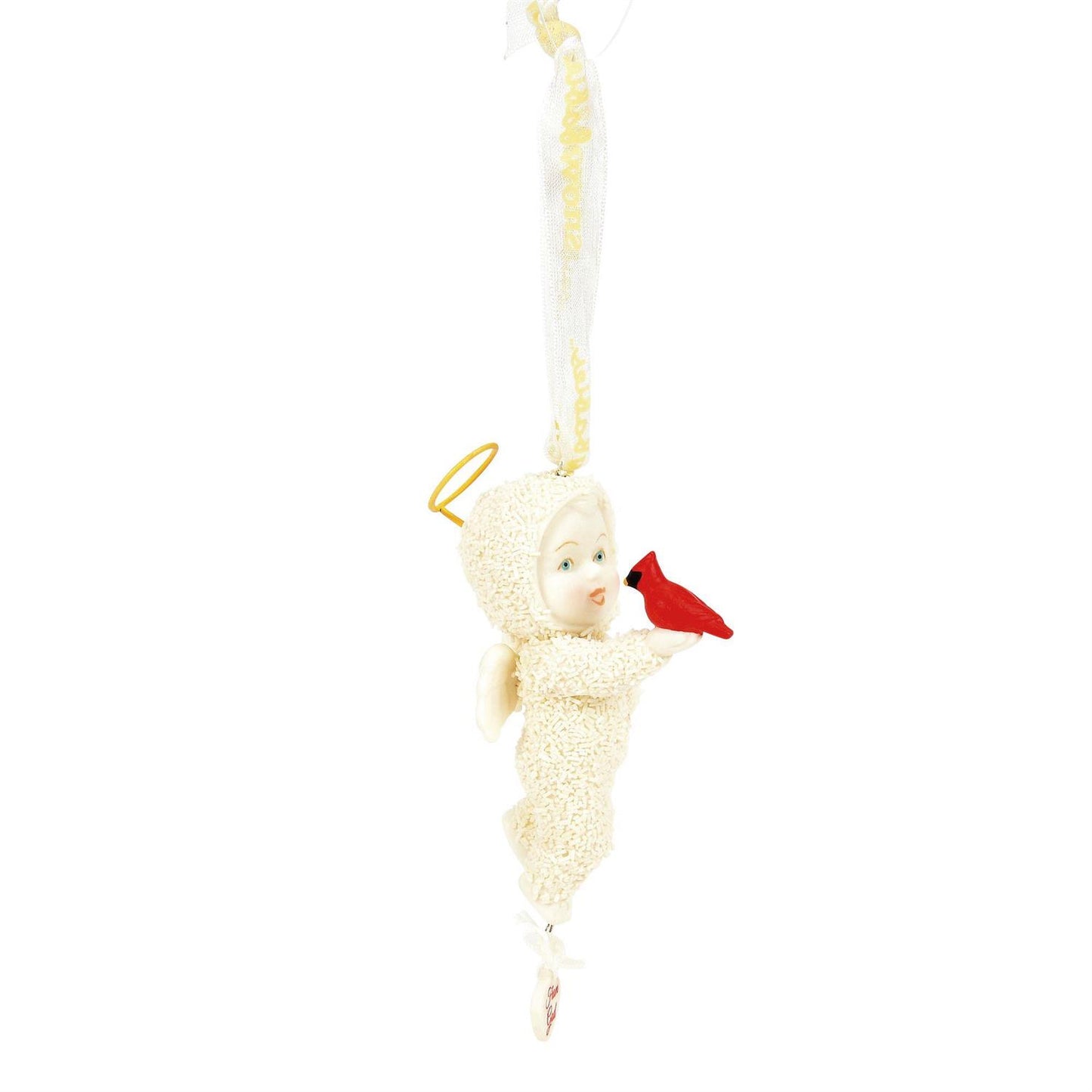 Buy Snowbabies at CountryNMoreGifts.com Snowbaby Ornament holding a Cardinal and wearing a Halo
