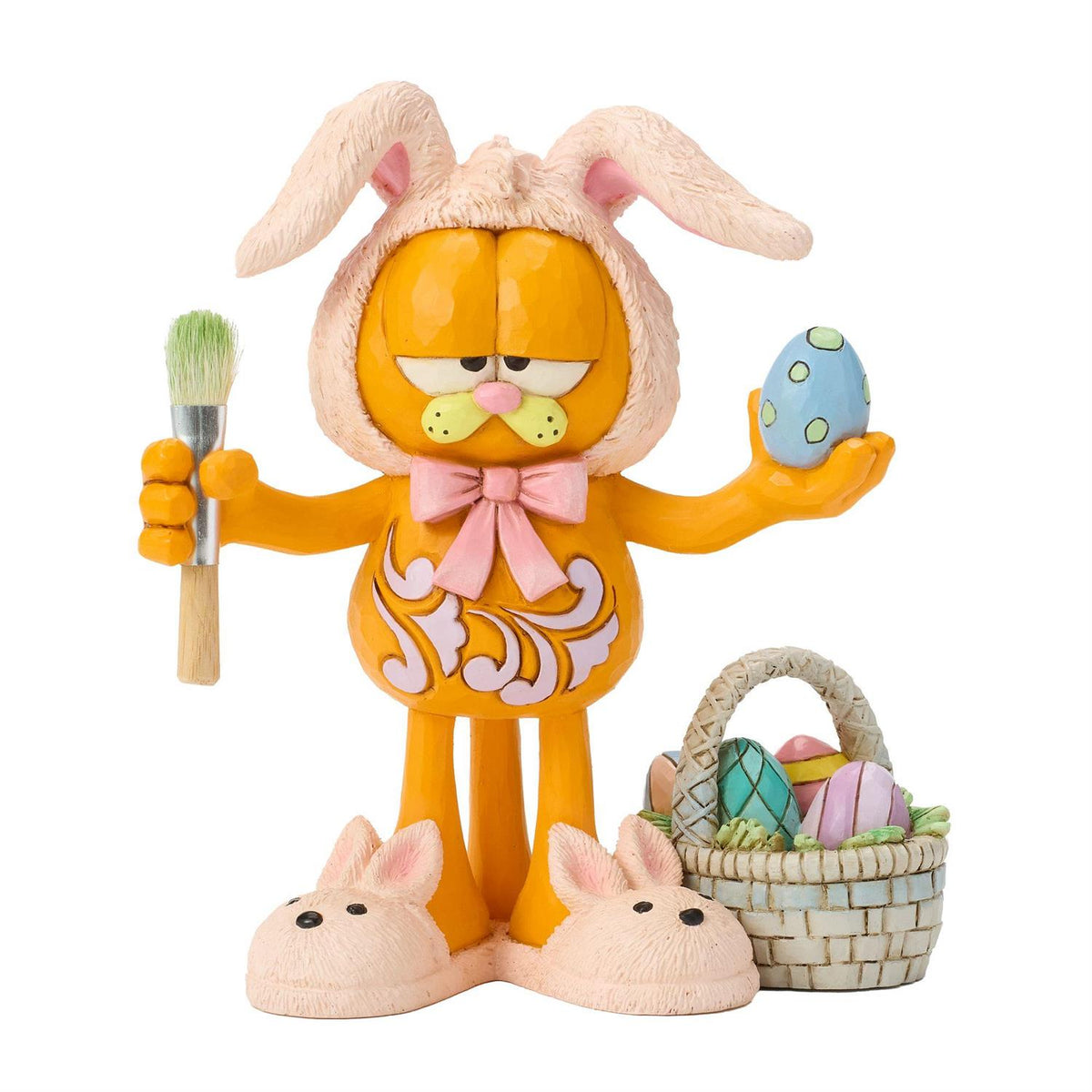 Garfield wearing bunny ears, bunny slippers and decorating easter eggs