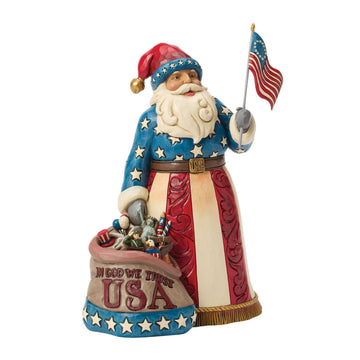 American Tradition - Patriotic Santa with Flag Figurine - Country N More Gifts