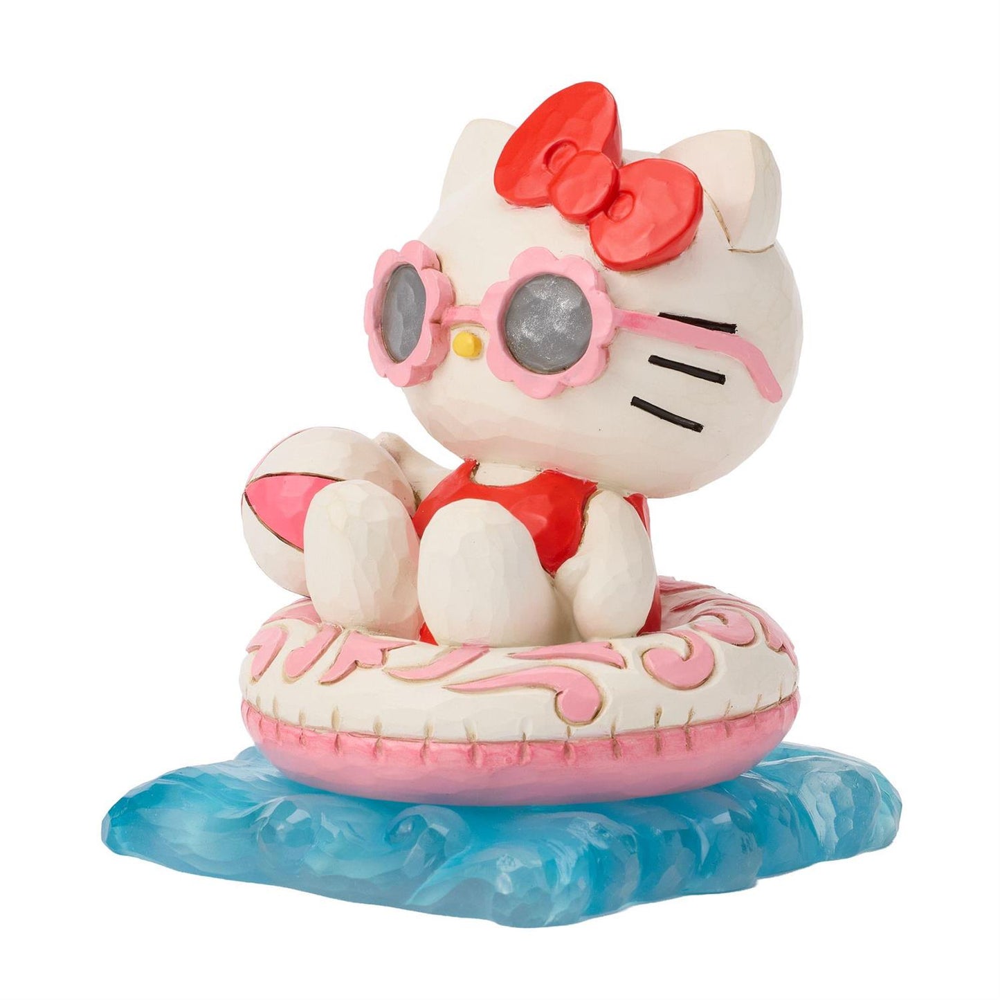 Hello Kitty wearing her shades, relaxing in her Floatie and holding a beach ball