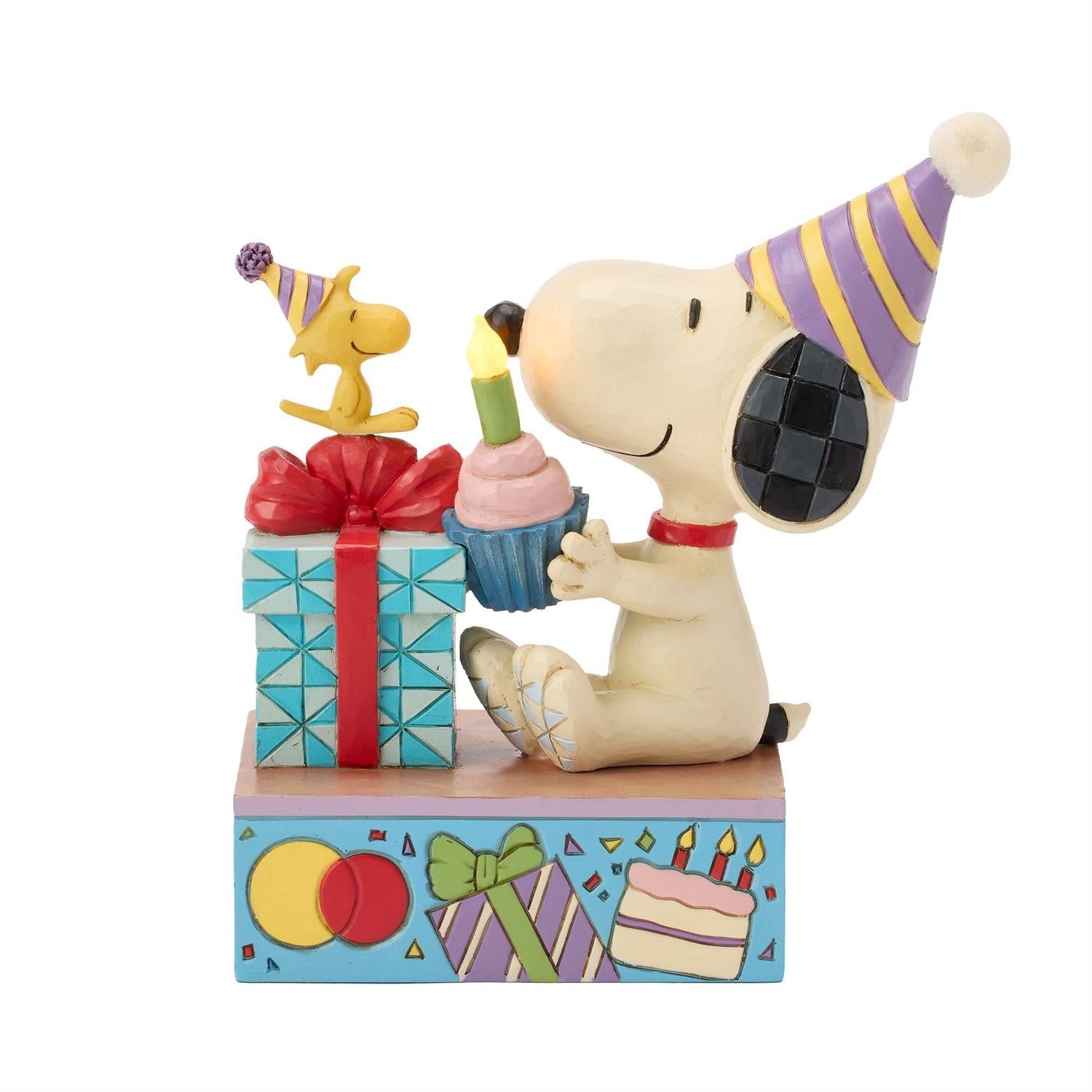 Snoopy and Woodstock wearing Birthday Hats, Snoopy holding a Cupcake with Woodstock watching