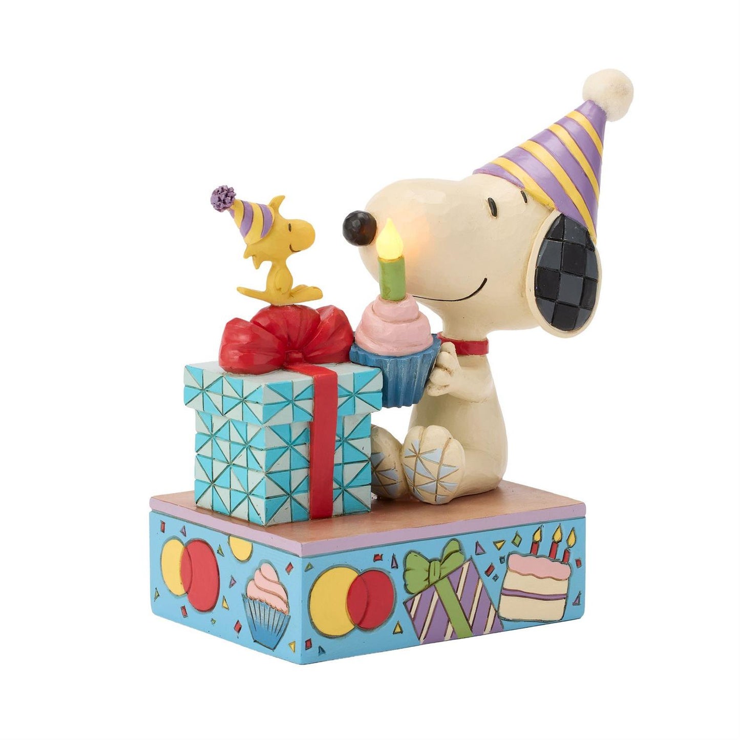 Snoopy and Woodstock wearing Birthday Hats, Snoopy holding a Cupcake with Woodstock watching