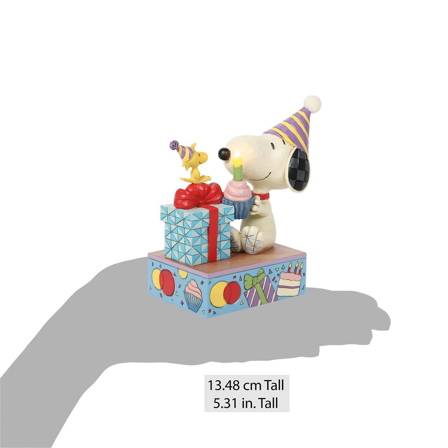 Snoopy and Woodstock wearing Birthday Hats, Snoopy holding a Cupcake with Woodstock watching