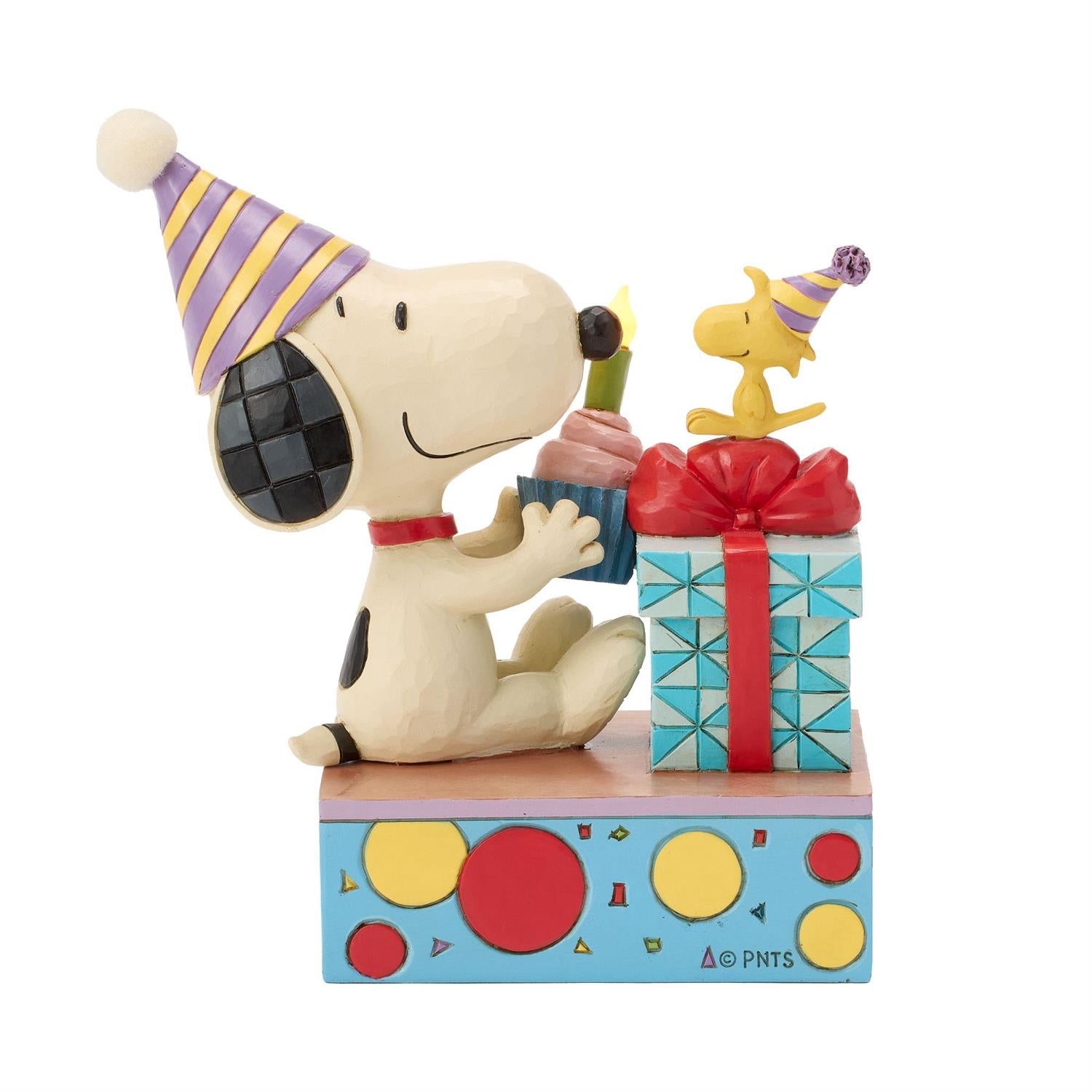 Snoopy and Woodstock wearing Birthday Hats, Snoopy holding a Cupcake with Woodstock watching