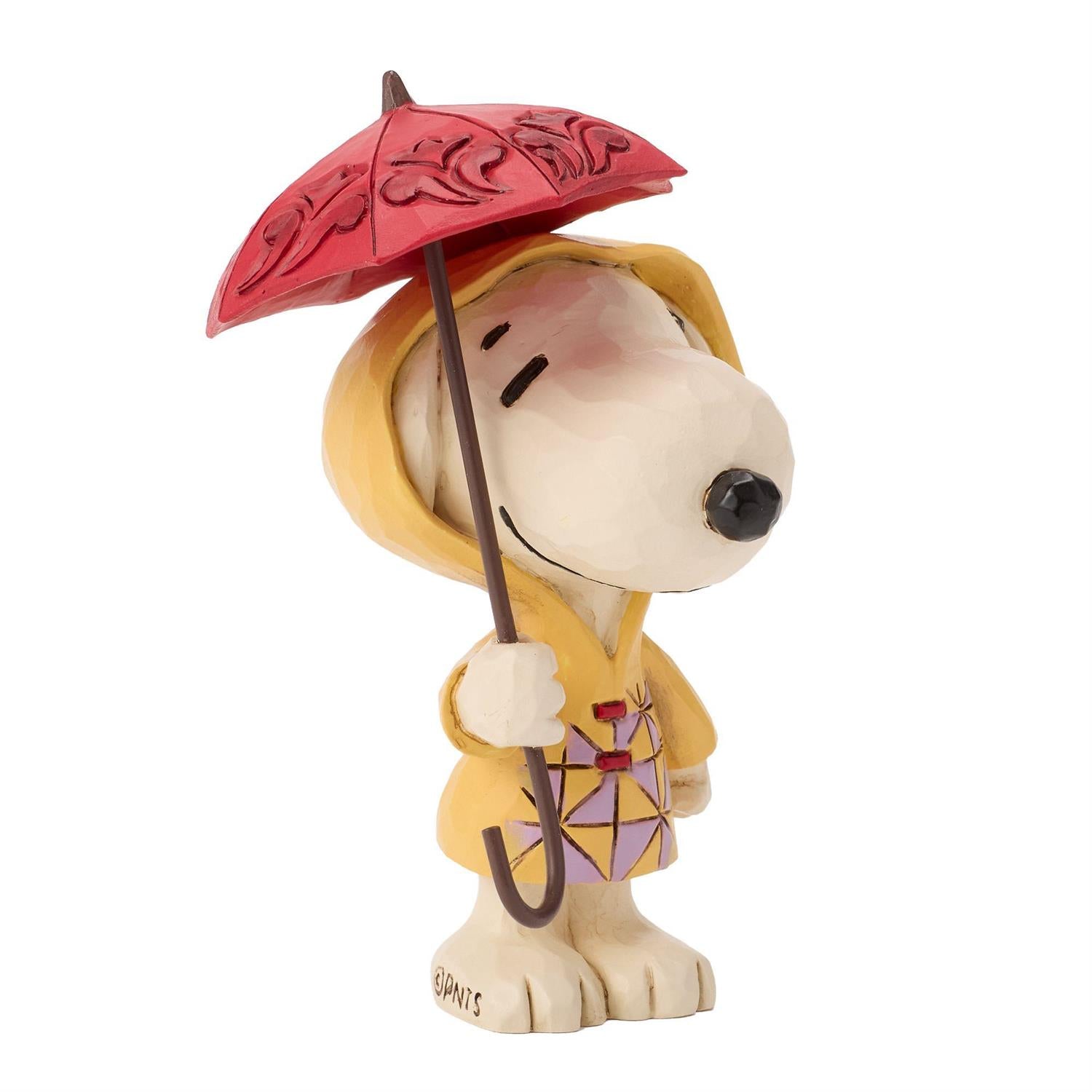 Snoopy in a Yellow Raincoat holding a Red Umbrella