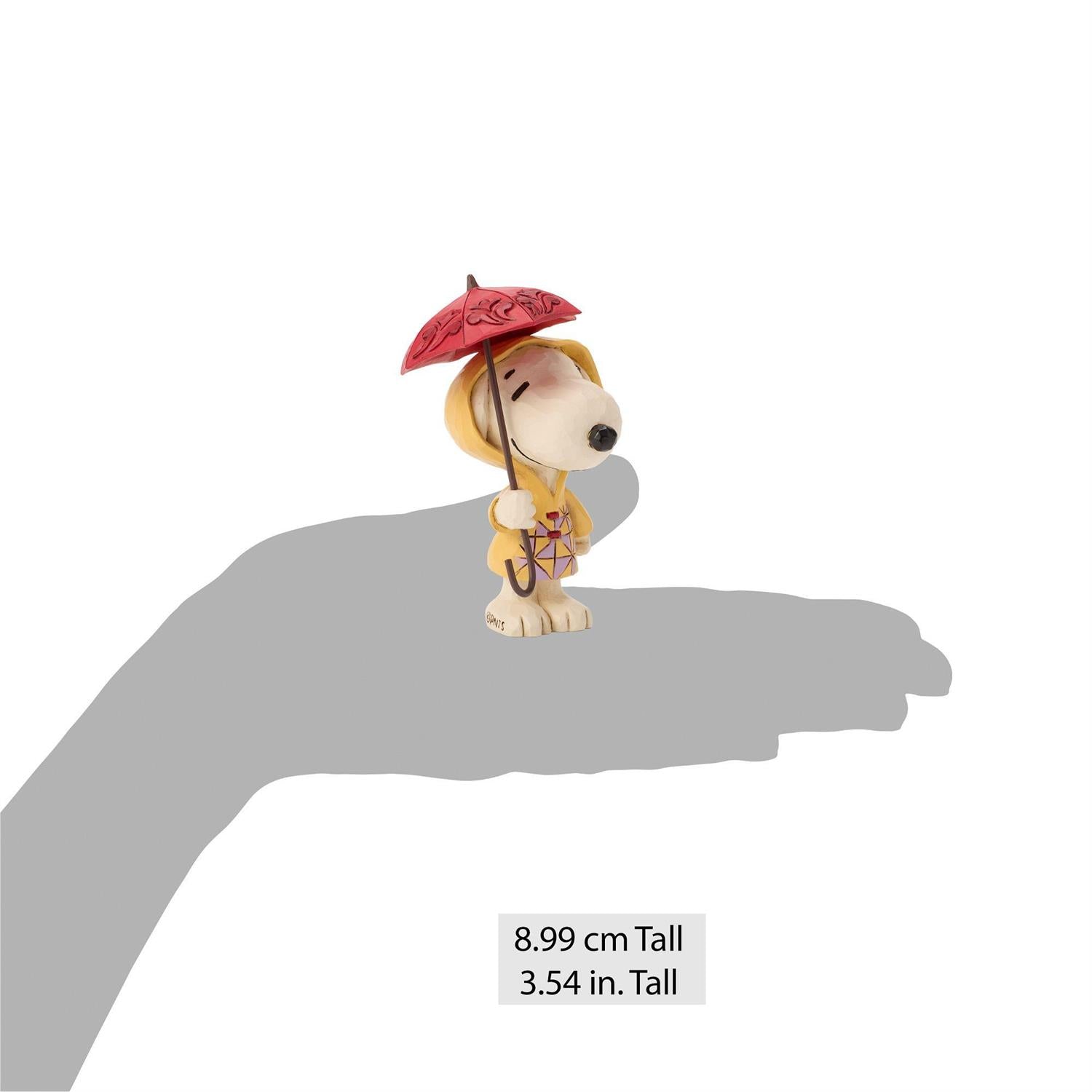Snoopy in a Yellow Raincoat holding a Red Umbrella