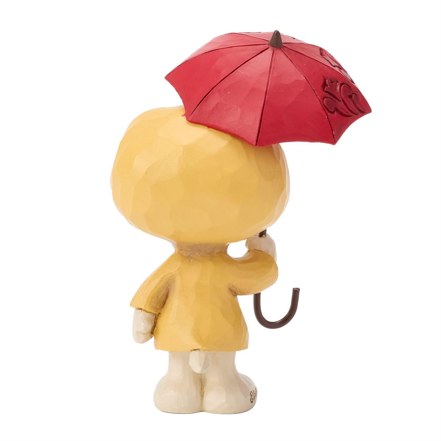 Snoopy in a Yellow Raincoat holding a Red Umbrella