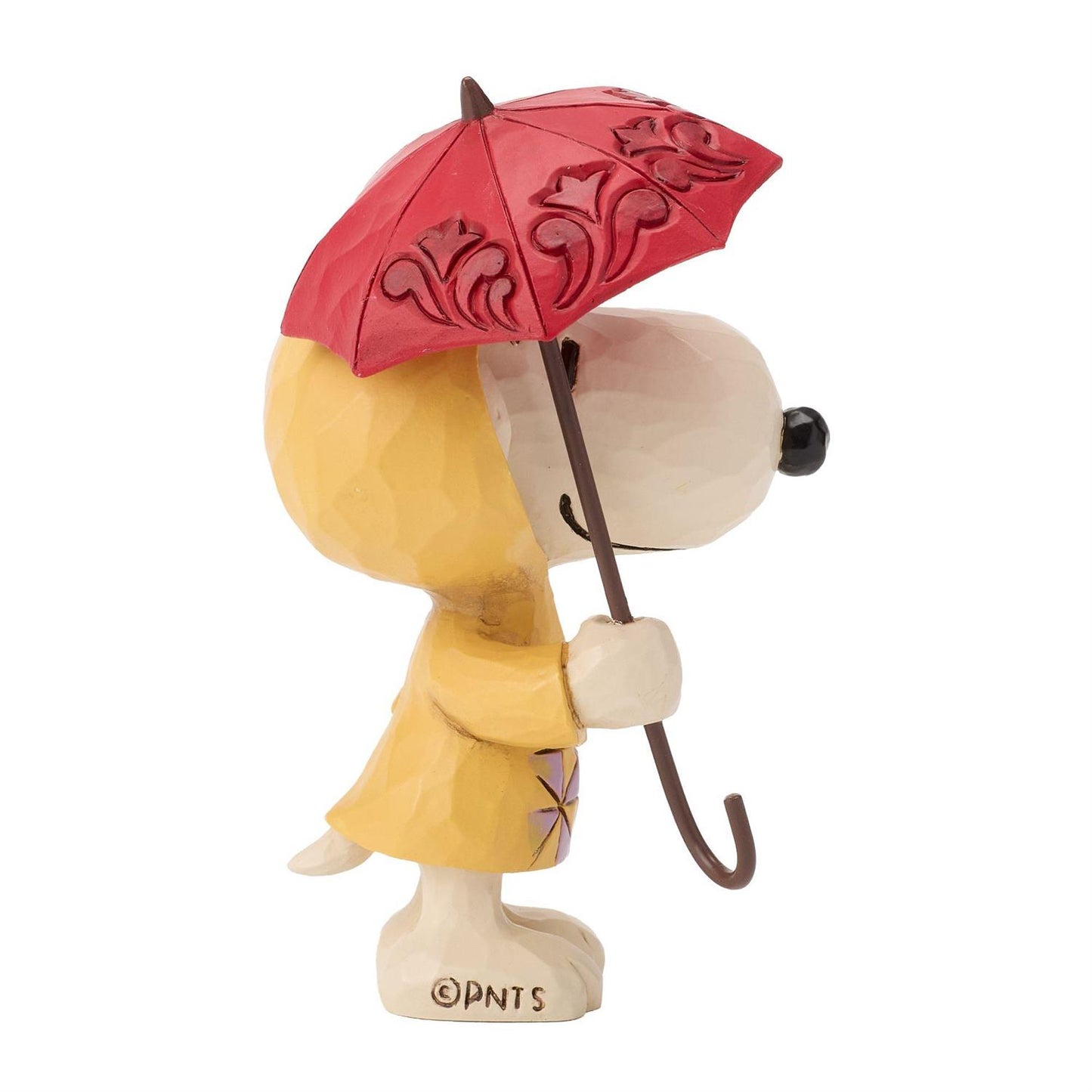 Snoopy in a Yellow Raincoat holding a Red Umbrella