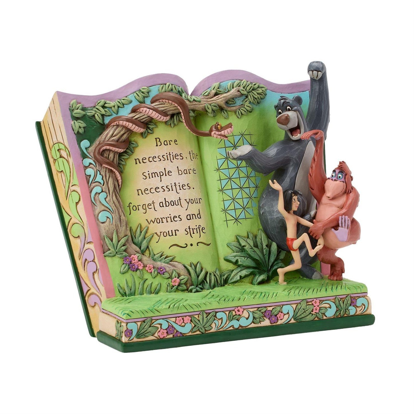 Mowgli, Baloo and King Louie dancing in the forest while Kaa the Python sits on tree branch watching