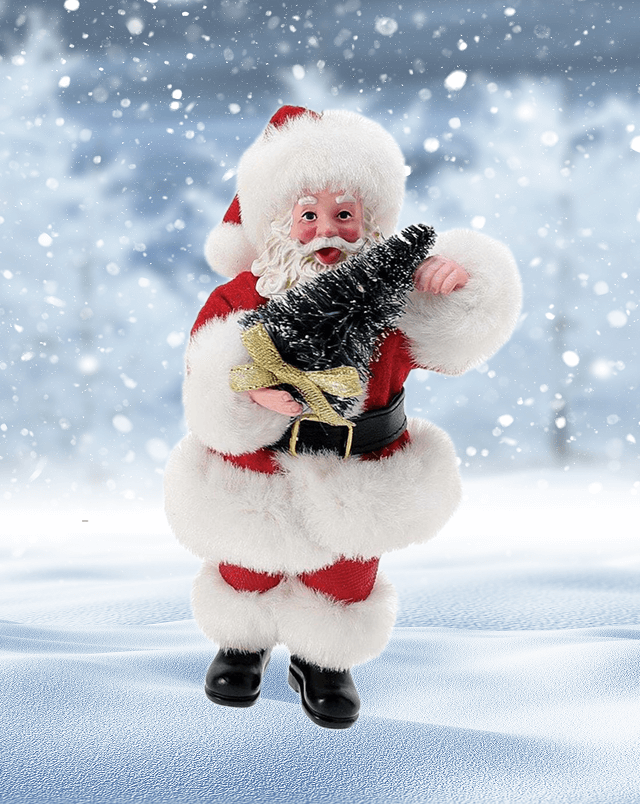 Santa Claus figure holding a small tree against a snowy background